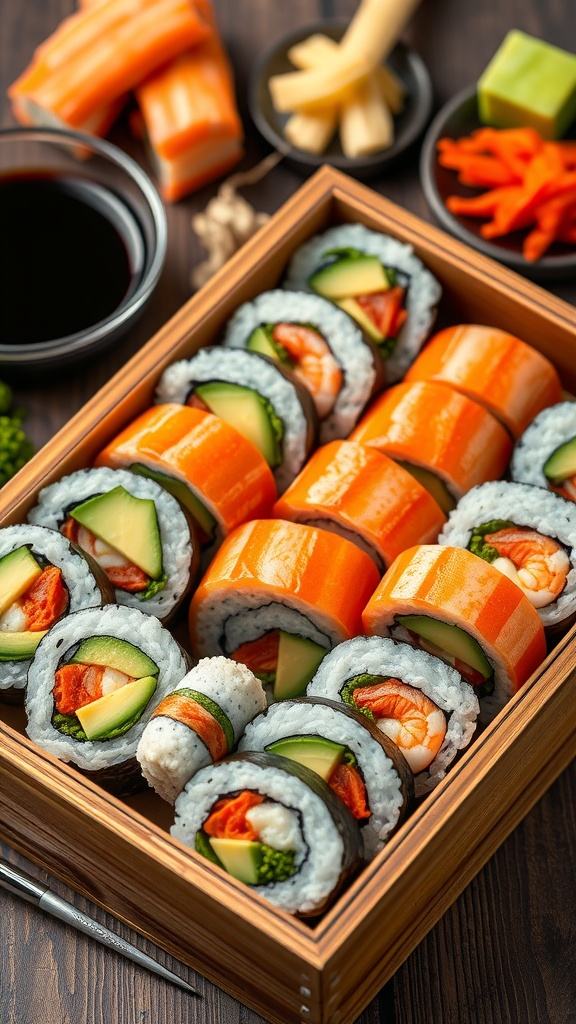 A colorful sushi box featuring rosa palavrinhas sushi rolls with avocado, shrimp, and vegetables, served with soy sauce and ginger.